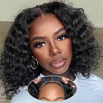 Bob Wig Human Hair Deep Wave Glueless Wigs Human Hair Pre Plucked Pre Cut 4x4 Wear and Go Wig for Black Women Beginner Friendly (Glueless Curly Wig, 10inch)
