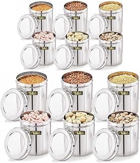 AIRA Stainless Steel Containers for kitchen See Through Air Tight Lid Ubha Dabba | Vertical Canisters, Silver (1250ml - 6pcs & 750ml - 6pcs) Food Grains Capacity - (1 KG PACK OF 6 & 500 GM PACK OF 6)