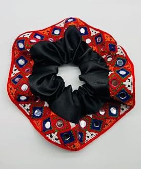 Navratri Special Hair Accessories Scrunchies Hair Bow Bun Tie Shell Kutchi Work lace