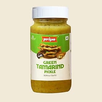 Priya Green Tamarind Pickle Without Garlic, 300G - Authentic Telugu Style Imli Achar |Homemade Andhra Pickles|Khatta Meetha|With Green Chilli Paste, Tamarind Paste & Mixed Spices|Glass Jar