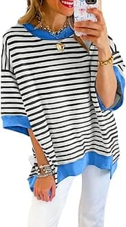 Womens Tops Casual Short Sleeve Sweatshirt Crewneck Striped Shirt Pullover T Shirts Loose Blouses