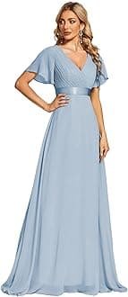Ever-Pretty Women's Classic Chiffon Short Sleeve Pleated V-Neck Floor Length Bridesmaid Dresses 09890