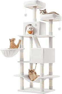 Feandrea Cat Tree, 66.1-Inch Large Cat Tower, Multi-Level Plush Condo with 13 Scratching Posts, 2 Perches, 2 Caves, Basket, Hammock, Pompoms, Cream White UPCT165T01