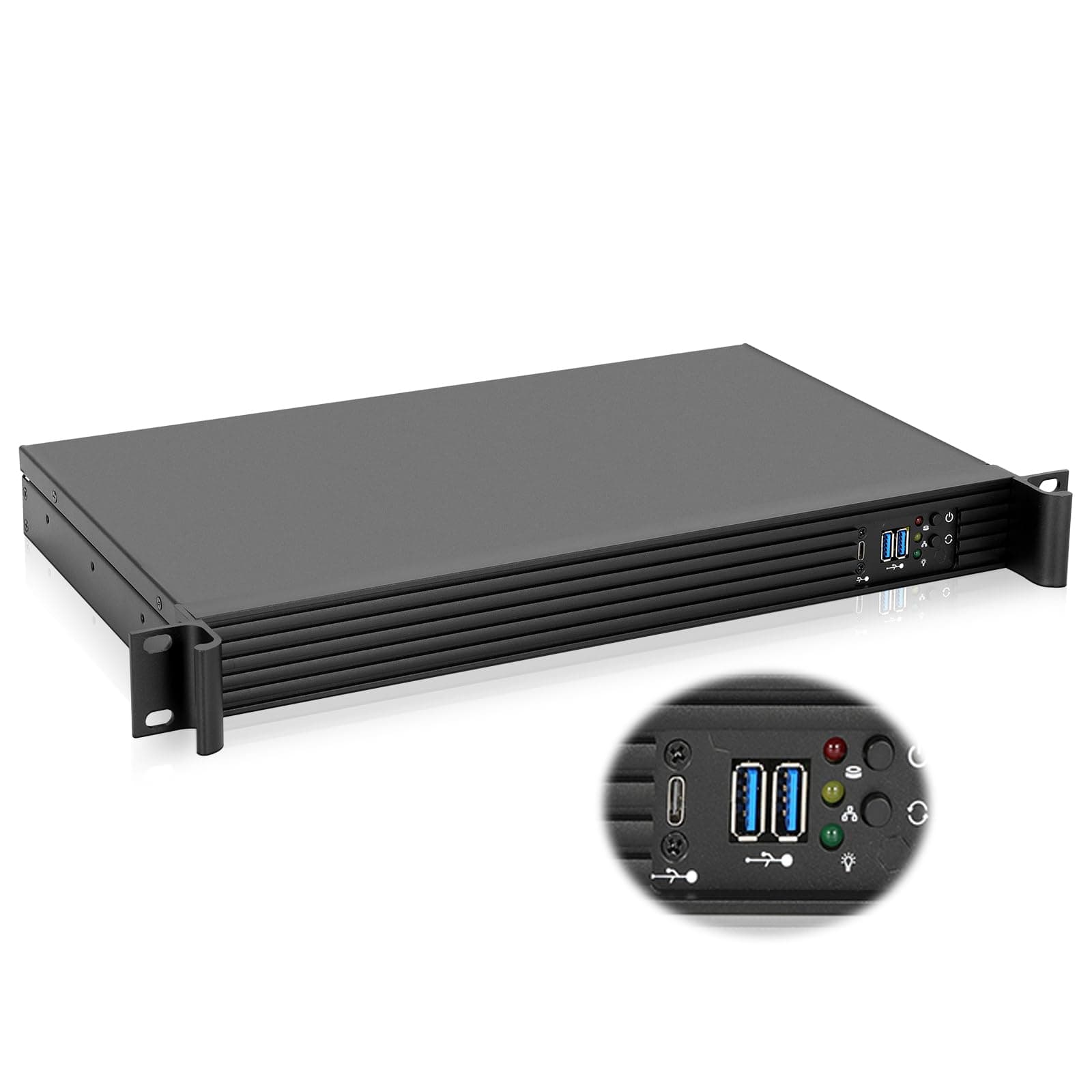 1U Compact Server/Desktop mini-ITX Chassis - 9.84" Depth,Supports Mini-ITX Motherboard, Type-C & USB3.0, Black