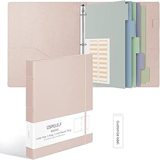 Ospelelf Vintage Hardcover 3 Ring 1 inch Leather Binding, Professional Binding Organizer Suitable for Letter Size (11 "x 8.5"), with 5 Tab Dividers, Faux Pink Leather