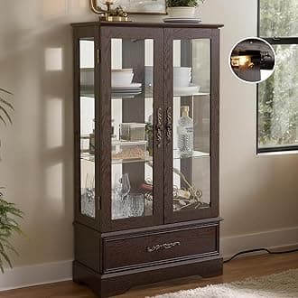 47" Lighted Glass Accent Curio Cabinet, 3-Tier Antique Storage Cage with Adjustable Shelves & Drawer, Acrylic Mirrored Pane, Light Blub Included, Small China Cabinet for Living Room (Dark Cherry)