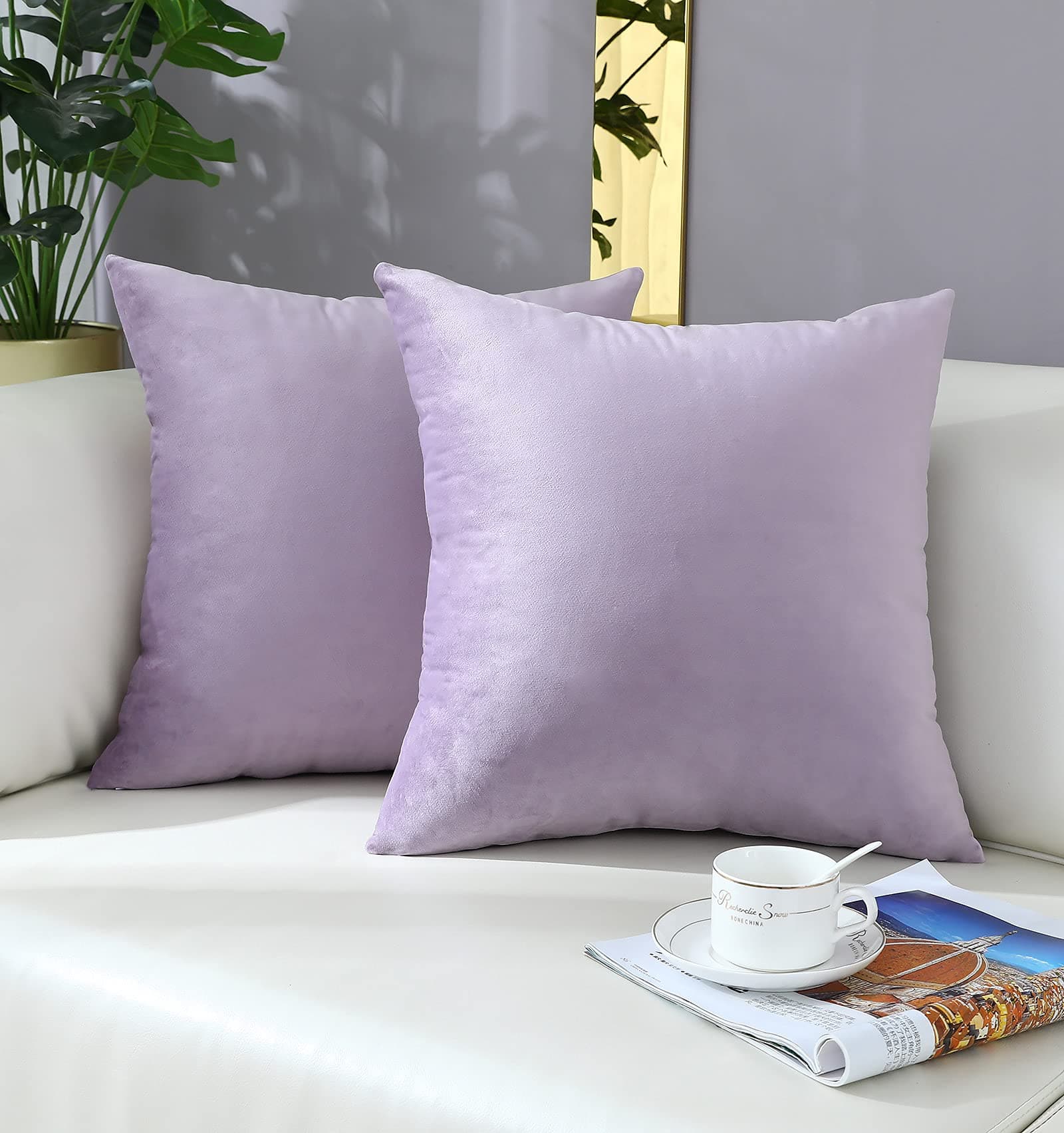 mixeoo Comfy Lavender Throw Pillow Covers Decorative Square Solid Thick Velvet Super Soft Cushion Cases Home Decor for Sofa Couch Living Room Chair, Set of 2, 16 x 16 Inch