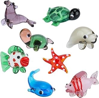 8 Pcs Tiny Glass Animals Blown Mini Glass Figurines Handmade Lampwork Animal Figurines Sets for Home Decoration Collectibles and Gifts（Marine Animals）