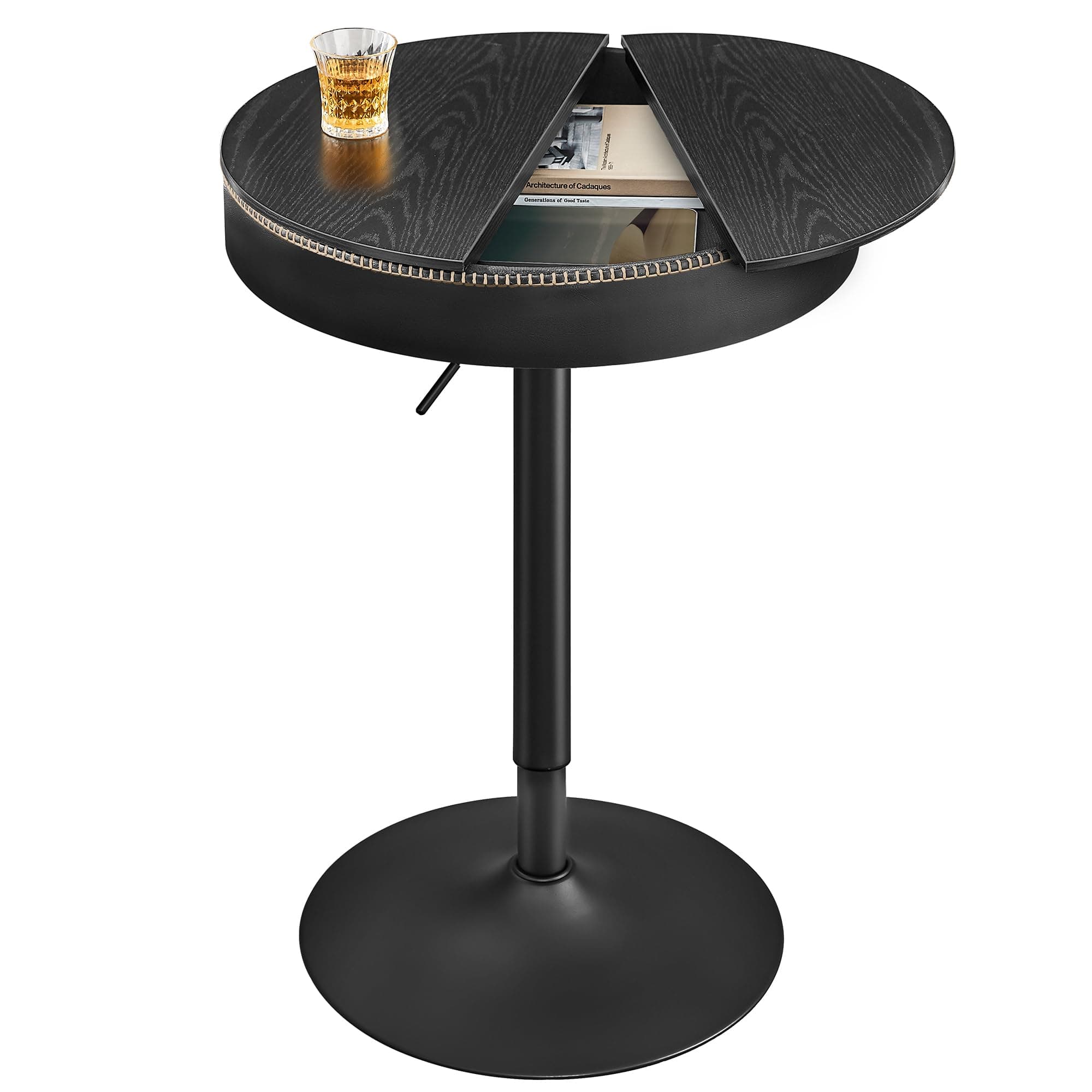 EKHO Collection - Height Adjustable Bar Table, Round High Pub Table with Storage, Synthetic Leather with Stitching, Mid-Century Modern, Kitchen Home Bar, Ebony Black and Ink Black