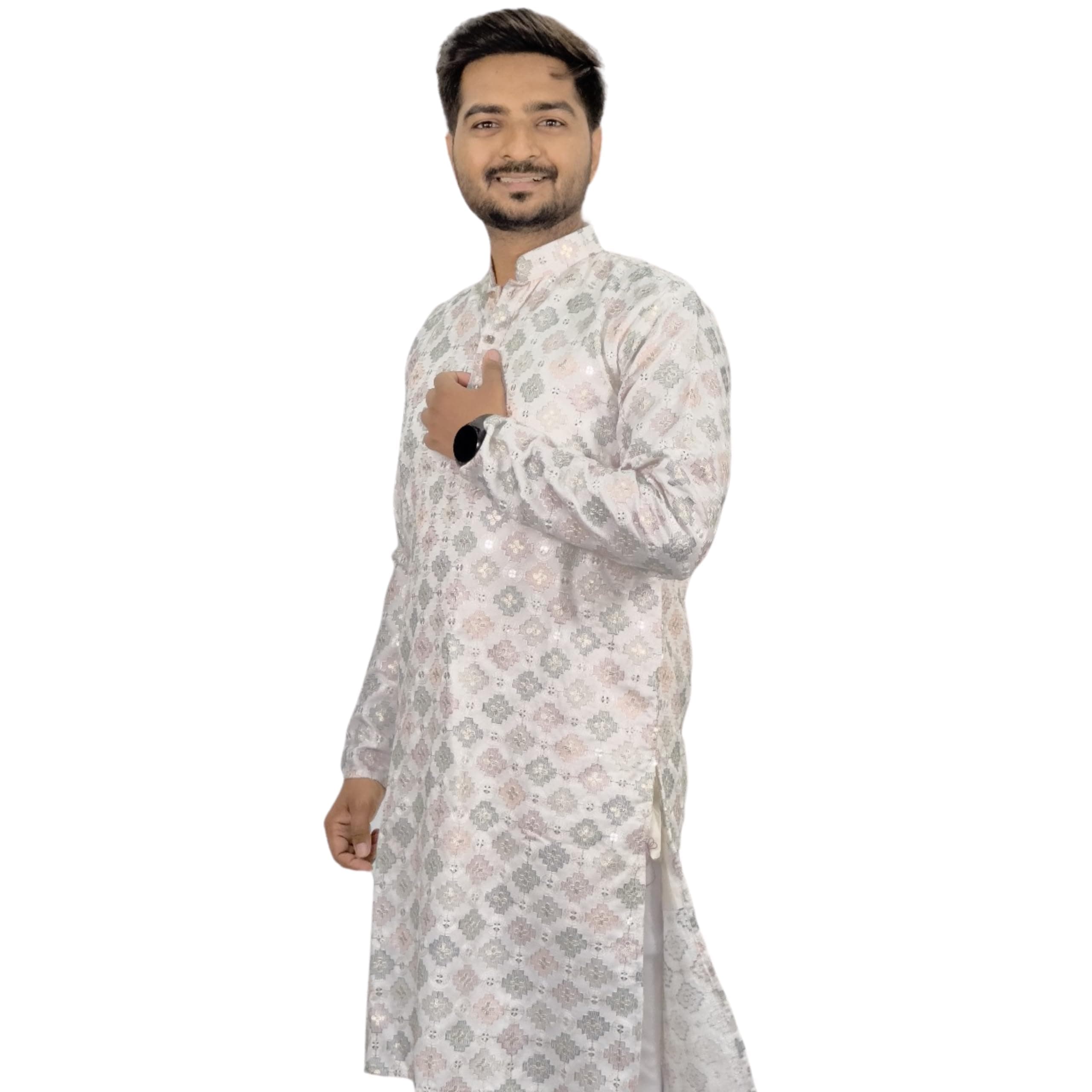 Men's Kurta | Button Down Short Kaftan Side Split | Knee Length Jubba Cotton Ethnic Wear Long Sleeve White Kurta 42 Inches