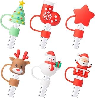 6Pcs Christmas Red Straw Cover Cap for Stanley Cup 40oz/30oz Tumbler, 10mm Reusable Cute Drinking Straw Topper Accessories, Portable Protector Plugs Decorations Gifts for Party Christmas