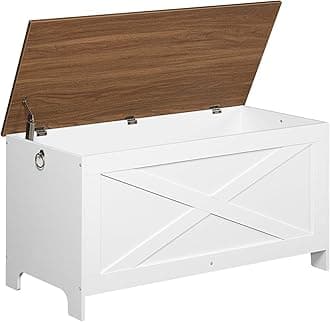 MAHANCRIS 39.4" Toy Chest, Sturdy Entryway Storage Chest with Safety Hinges, Retro Toy Box, Wooden Look Accent Furniture for Living Room, Bedroom, White+Walnut SCBZ48101