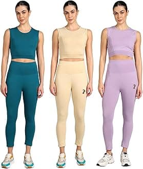 Stretchable Activewear Sleeveless Crop Top with Long Pants with Back Pocket for Workout Top & Bottom Set Gym Yoga Sports Running Track Suits For Girls/Women - Pack of 3