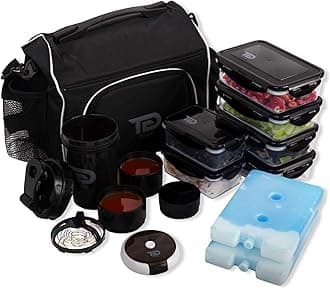 Meal Prep Bag by TO GO Double Insulated Lunch Meal Bag W/6 Portion Control Containers, 2 Large Ice Packs, Protein Shaker, Pill Box, with an Adjustable Double Shoulder Strap. BPA-Free (Black/New)