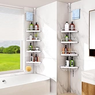 Inllex Corner Stainless Steel Shower Caddy Tension Pole For Bathroom,Rustproof Shower Caddy Pole With Non-Slip Silicone Mat,4-Tier Adjustable Shelves & 8 Hooks Adjustable 3.1 to 9.8 Ft ,Silver