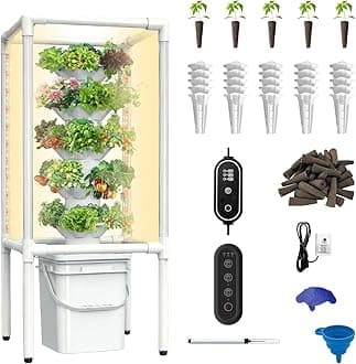 SJZX Hydroponics Growing System, Hydroponic Tower with Full-Spectrum Grow Lights, 5 Tiers Indoor Outdoor Garden Planter, Vertical Home Gardening Germination Kits for Vegetables, Fruits, Herb (25 Pods)