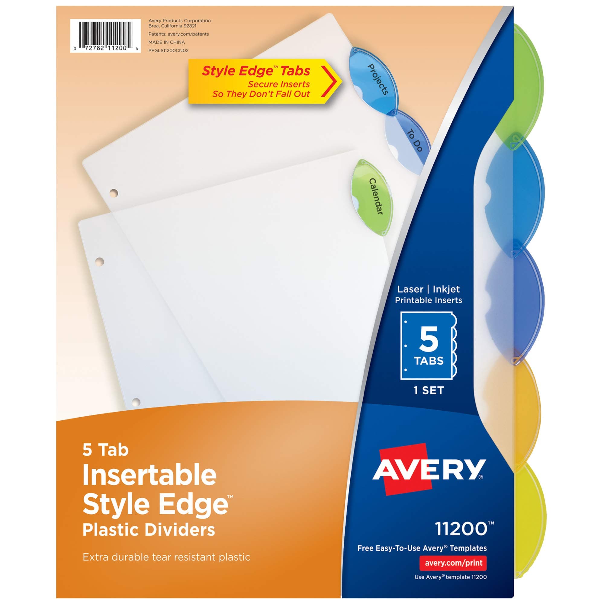 Insertable Style Edge Plastic Dividers for 3 Ring Binders, 5-Tab Set, Multicolor, 1 Set (11200)