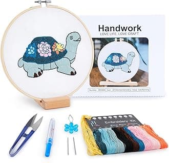 Embroidery Kit for Adult Beginners, Turtle & Flower Embroidery Kit with Step-by-Step Instructions and Video,Printed Cloth,7.87" Hoop, Display Stand,Color Threads and Tools for Craft Lover(BED004)