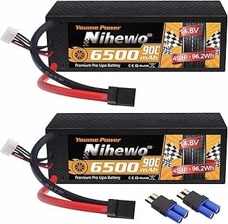 - 4S Lipo Battery 2Packs 14.8V Lipo Battery 6500mAh 90C Hard Case with Tx Plug + EC5 Adapter Compatible with Arrma Losi 1/5 1/6 1/7 1/8 RC Car Truck Vehicles Truggy Buggy Models