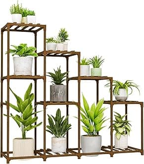 Bamworld Tall Plant Stand Indoor Wood Plant Shelf Outdoor Tiered Plant Rack for Multiple Plants 4 Tiers 10 Pots Ladder Plant Holder Plant Table for Plant Pots Boho Home Decor for Gardening Gifts
