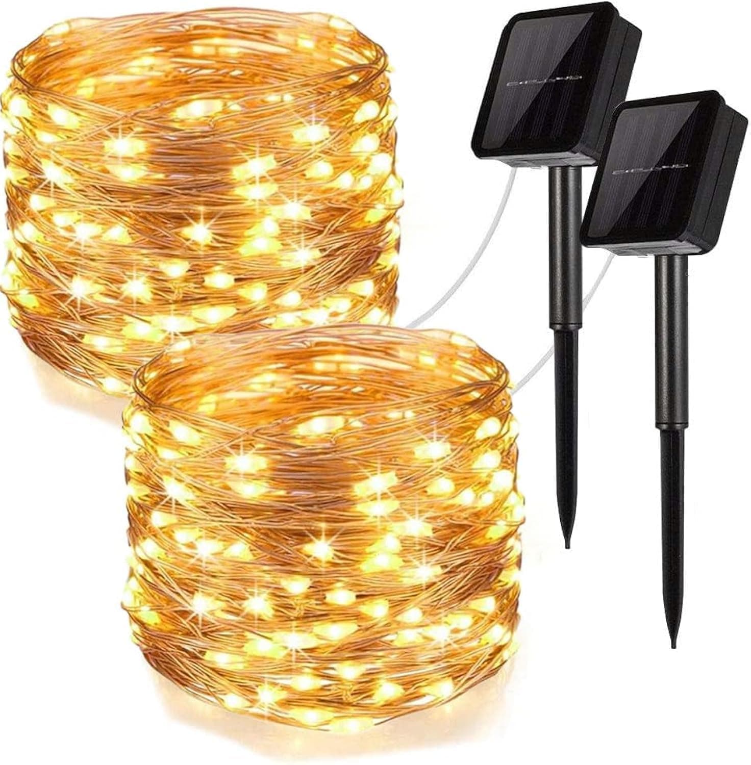 Solar String Lights, 2 Pack Total 200LED 66Ft Copper Wire Solar Fairy Lights 8 Modes, Waterproof Outdoor String Lights for Christmas Party Wedding Decoration Patio Garden Yard (Warm White)