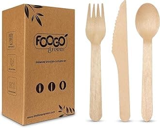 FOOGO Green 300pcs Disposable Wooden Cutlery Set, FSC® Certified, 100x Forks 100x Spoons 100x Knives, 16cm, Biodegradable, Compostable, Eco Friendly, Party Picnic, Like Bamboo