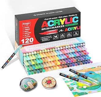 120 Colors Acrylic Paint Markers Brush Tip, Acrylic Paint Pens with Direct-Liquid Ink System, Paint Markers for Rock Painting, Fabric, Wood, Canvas, Plastic, Permanent,Washable,Quick-Drying,Waterproof