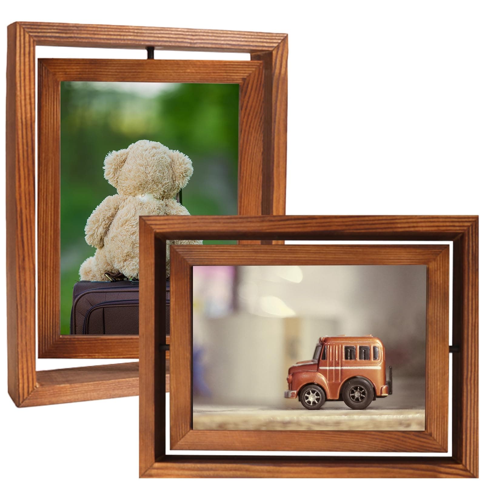 Fixwal 2 Pack 4x6 Rotating Picture Frame, Solid Wood Frame with Double-sided Real Glass, Photo Frame for Tabletop Display, Rustic Style Carbonized Brown