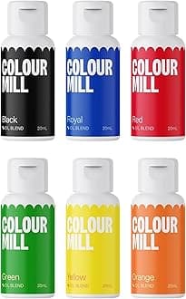 Oil-Based Food Coloring, 20 Milliliters Each of 6 Colors: Black, Royal, Red, Green, Yellow and Orange