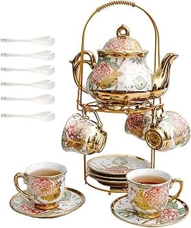 20 Pieces European Vintage Ceramic Tea Set with Metal Cup Holder, Adult Tea Set, Women's Afternoon Tea Set (golden rose, medium)