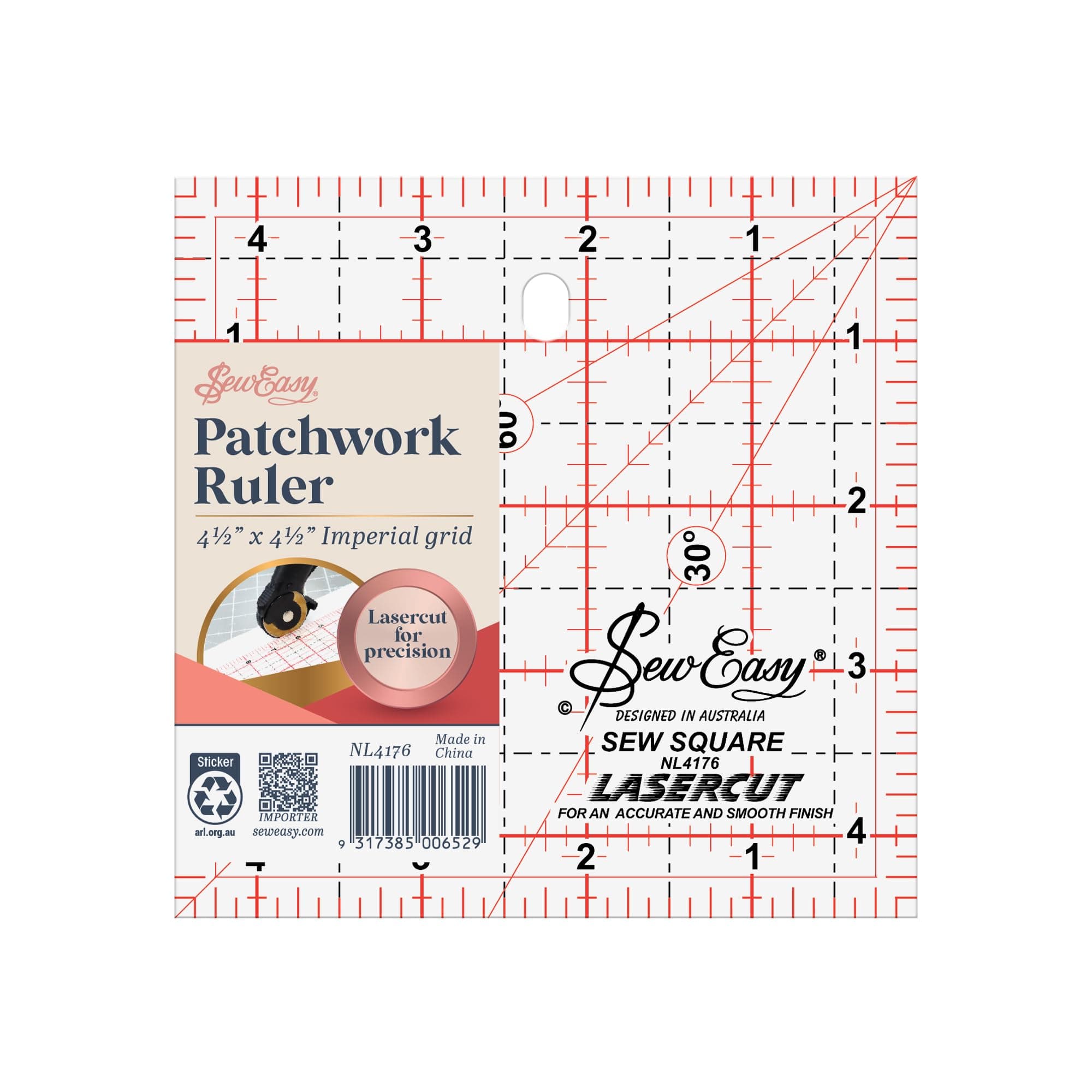 Sew Easy 4.5” Square Template – Quilting & Patchwork Rule for Applique Sewing, Transparent Acrylic Non-Slip