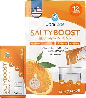 SaltyBoost Drink Mix - 12 Sachets - Sugar-Free Salty Orange Electrolytes Powder with High Sodium, Trace Minerals and Coconut Water - Hydration for Fitness, Rehydration, and Wellness