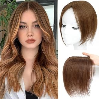 Hair Toppers for Women Real Human Hair， 360°3D Cover Toppers Hairpieces for Women with Thinning Crown Wispy Clip in Bangs Realistic Scalp Hairline (Light Brown, Side Bangs)