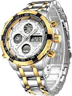 GOLDEN HOUR Luxury Stainless Steel Analog Digital Watches for Men Male Outdoor Sport Waterproof Big Heavy Wristwatch