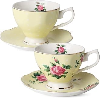 BTaT- Floral Tea Cups and Saucers Set of 2 (8 oz), Porcelain Tea Cup Sets, Pastel Yellow Color with Gold Trim, Dishwasher Safe