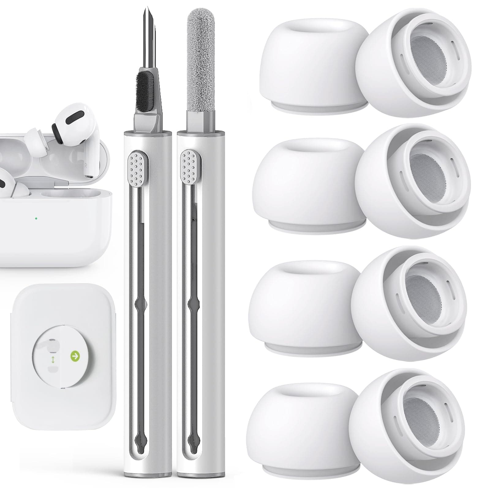 Compatible with AirPods Pro 2nd/1st Generation Replacement Ear Tips,with Noise Reduction Hole & Built-in dust Guard Screen,for USB-C Charging Case with Cleaner kit -4 Sizes (XS/S/M/L)-Whiite