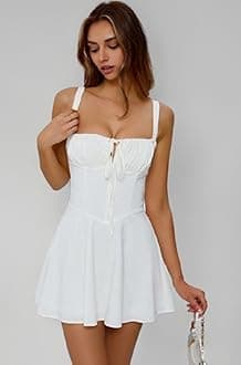 Aahwan Women's Fit & Flare Above the Knee Black Solid Backless Crisscross Lace Up Ruched Boning Corset Bodycon Dress