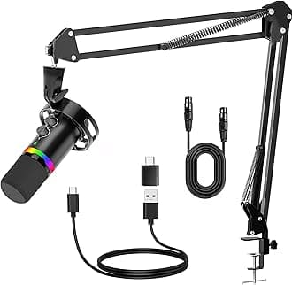 JUOPIEA XLR/USB Gaming Microphone Kit, Dynamic Mic for Podcasting Streaming, PC Microphone with Boom Arm Stand, RGB Light, Mute Button and Headphone Jack, for Recording, Vocal, Voice-Over