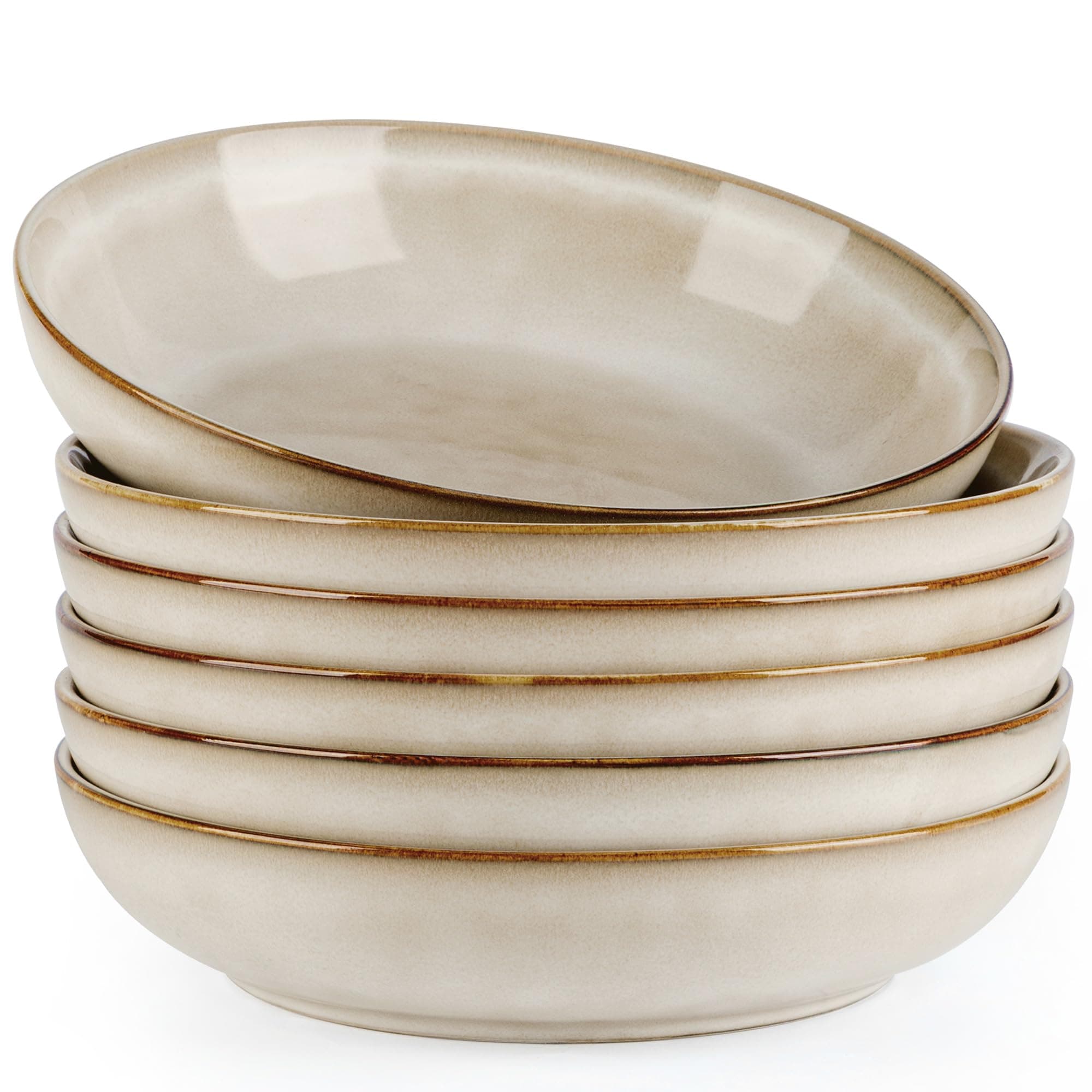 AmorArc 8.5'' Large Pasta Bowls, 36oz Ceramic Salad Serving Bowls Set of 6 for Kitchen, Wide Stoneware Bowls for Pasta,Salad,Fruit,Bread, Microwave Safe, Cappuccino