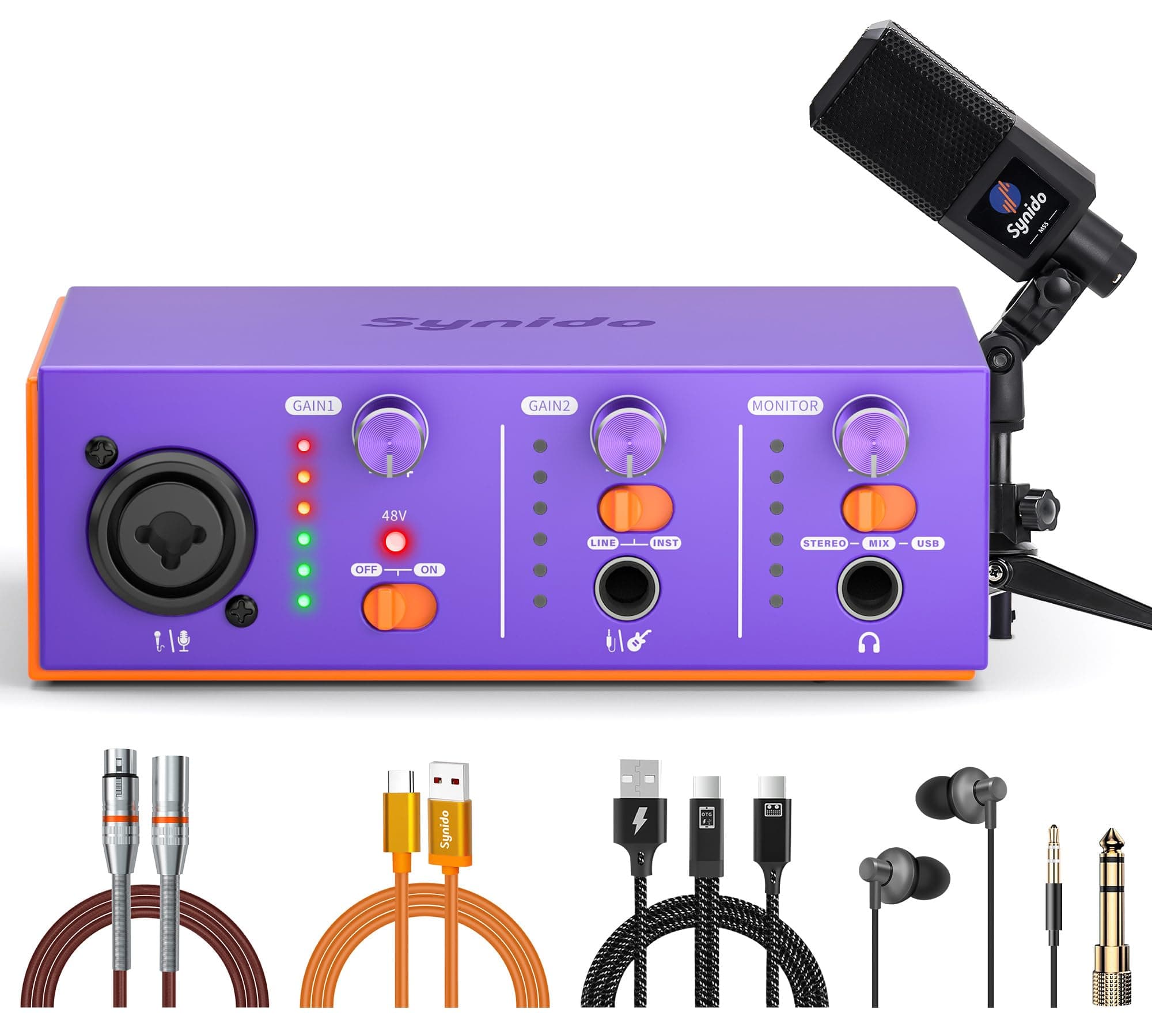 Synido USB-C Audio Interface Bundle, All-in-One Audio Interface with XLR Dynamic Microphone, 48V Phantom Power, Stand, Monitor Earphone, Adapter Cables, perfect for PC Recording Podcasting, Purple
