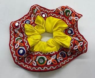 Navratri Special Hair Accessories Scrunchies Hair Bow Bun Tie Shell Kutchi Work lace (Yellow)