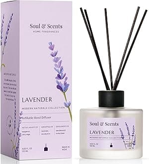 Glass 120ml Lavender Reed Diffuser Set | Free 6 Fiber Reed Sticks | Stress Relief & Aromatherapy | Long-Lasting, Smoke-Free Air Freshener for Home, Bedroom & Office | Ideal for Gifting