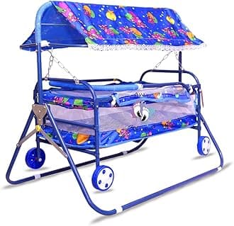 Avani MetroBuzz Baby Cradle Mosquito Net Jhula Palna Stroller Infant & Toddler Beds Born Baby 1-2 Years Babies-Newborn Baby Cotton Baby Sleep Baby Bedding Cradle with Wheels (Blue)
