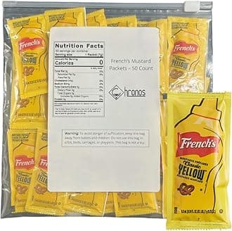 Mustard Packets (7g) - Gift Assortment - 50 Count Single Serve - Mustard Condiment Packs with 8 x 8 inch Chronos Food Safe Slide Seal Bag