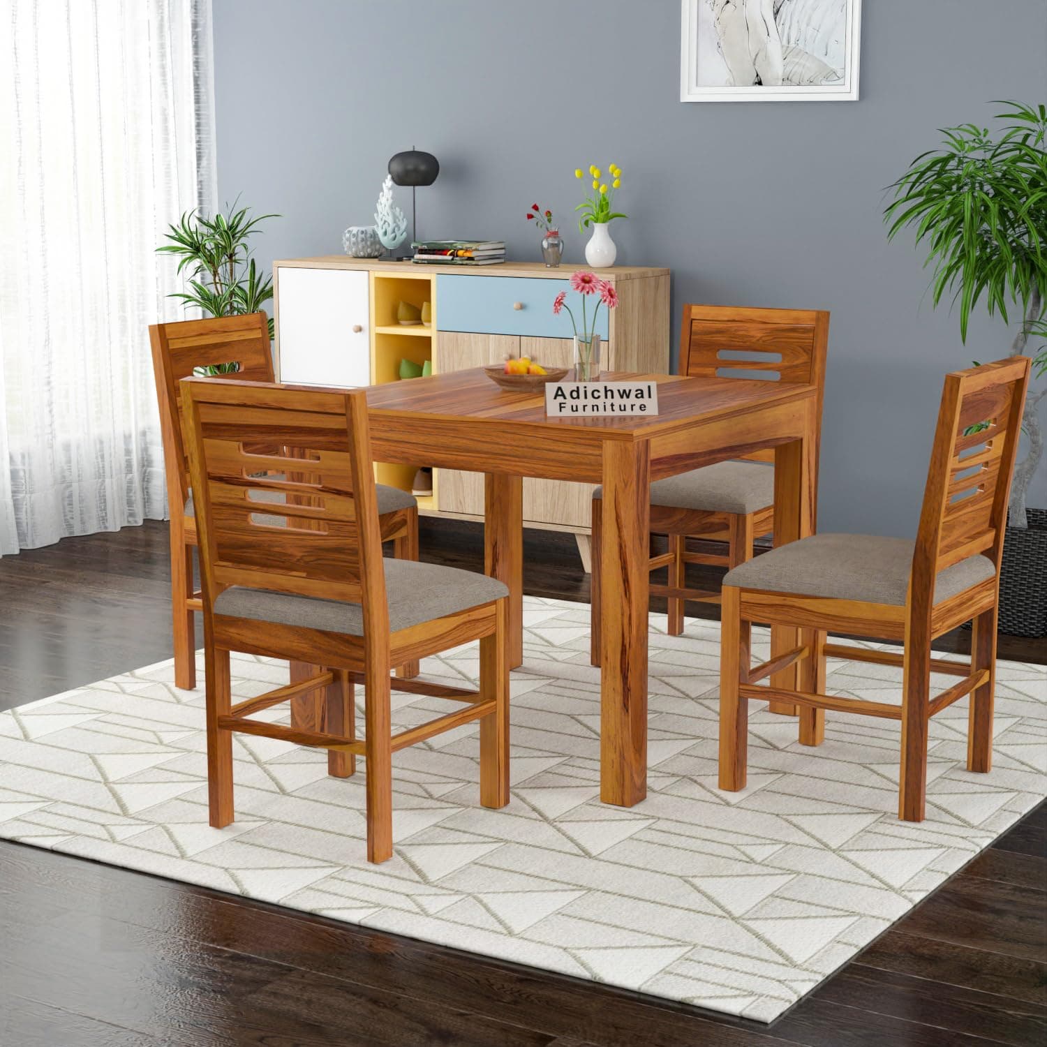 Solid Sheesham Wood 4 Seater Dining Table Set with Cushioned Chairs for Dining Room | Living Room | Home & Office | Hotels Restaurant & Cafe (4 Seater, Honey)