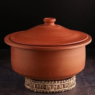 HandMade Exclusive Range Unglazed Earthen Kadai/Mud Handi/Mitti Ke Bartan/Clay Pot for Cooking & Serving with Lid(with Mirror Shine) + Free Palm Leaf Stand (5 Litres)
