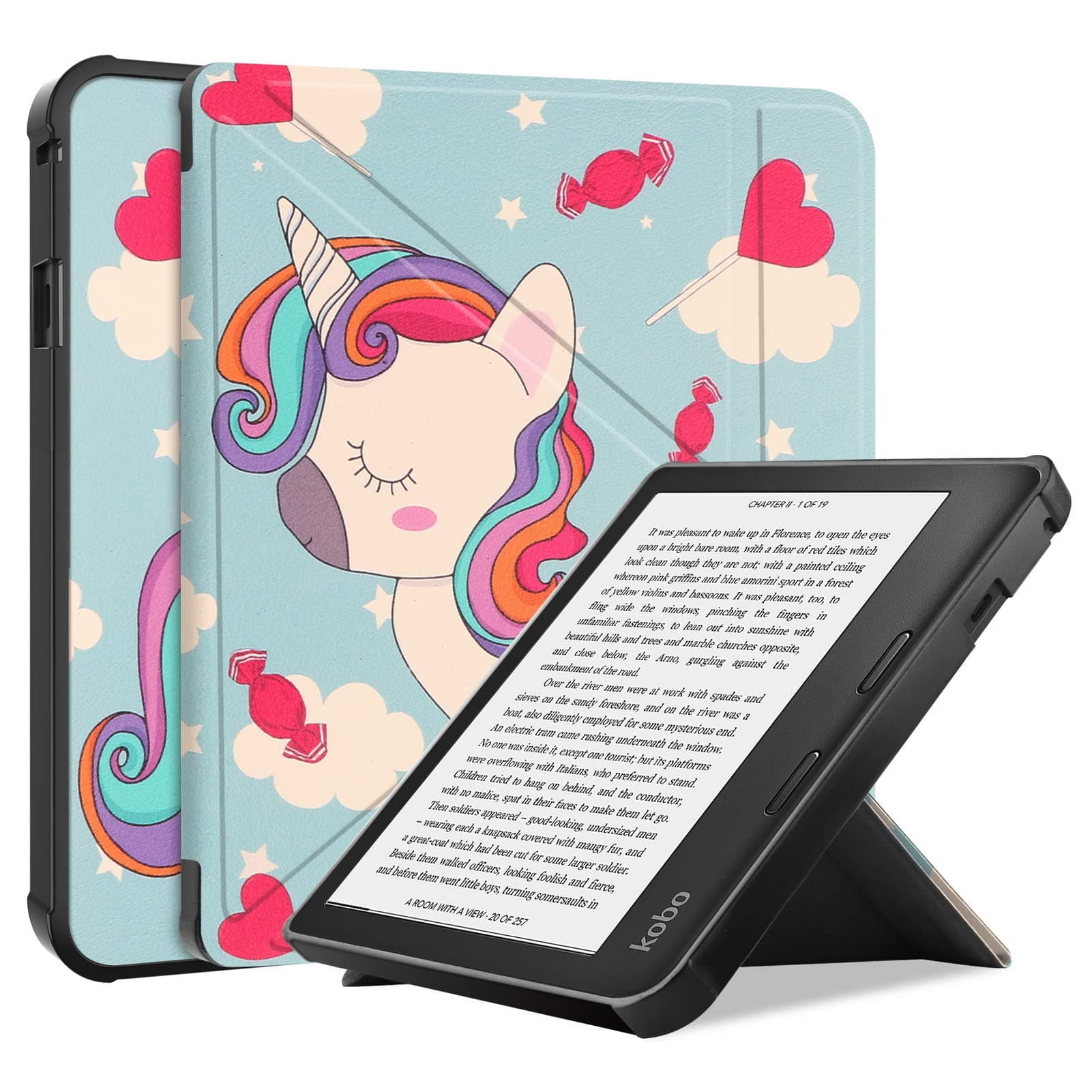 DWayboxCase for Kobo Sage 8 inch E-Reader Released 2021, Soft TPU Matte Back Cover, Slim Protective Smart Folio Shell Cover with Magnetic Closure and Stand Function -Unicorn