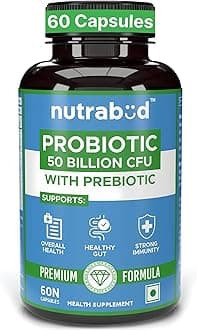 Nutrabud Probiotic Supplement 50 Billion CFU - 60 Veg Capsules - Probiotic for Gut Health Supplements - Supports Digestion & Immunity (60 Count (Pack of 1), Unflavoured)