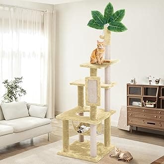 61" Large Cat Tree Tower for Indoor Cats with DIY Green Leaves Scratching Post Multi Soft Hang Ball Plush Cat House Furniture 360° Rotating Cat Scratch Board with Hammock, Square Beige