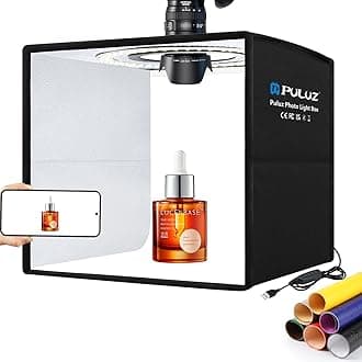 PULUZ 10x10 inch Mini Photo Studio Light Box, Portable Folding Photography Light Tent Kit with CRI >95 104pcs LED Dimmable Light & 6 Sheets of 12 Colors Backgrounds for Small Size Products